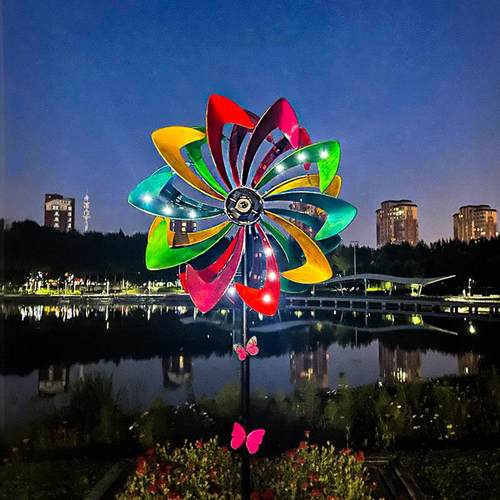 风车户外装饰花园庭院别墅露台铁艺旋转模型摆件太阳能灯七彩景观