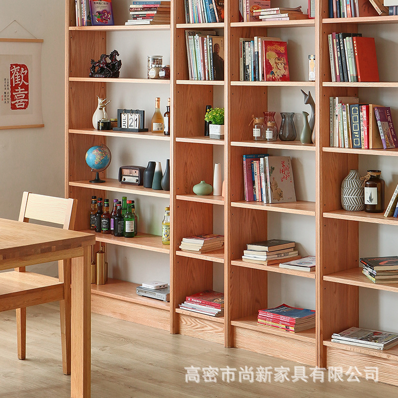 北欧实木落地书架原木整墙书柜橡木樱桃木书房收纳原木展示置物柜