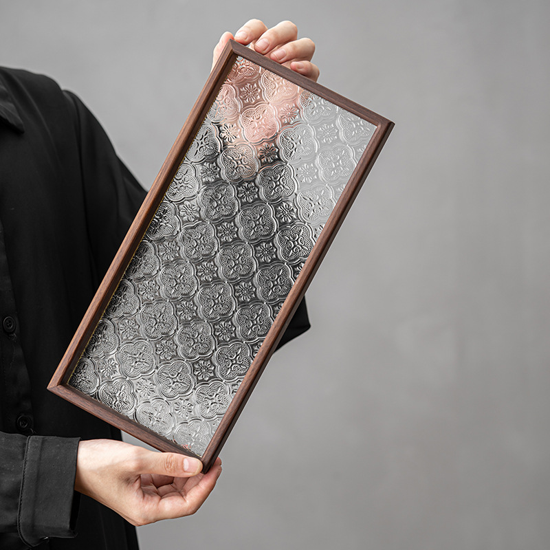 复古海棠花玻璃托盘家用长方形胡桃实木小茶盘杯子收纳水果点心盘