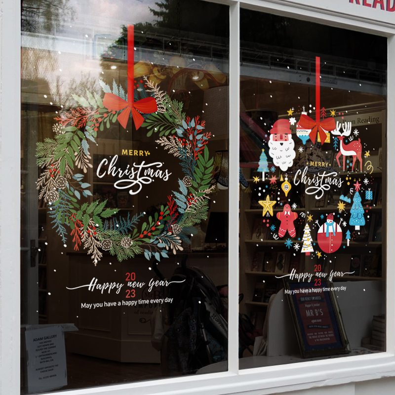 圣诞节装饰d品场景布置节日氛围花环装扮窗贴橱窗静电贴玻璃门贴