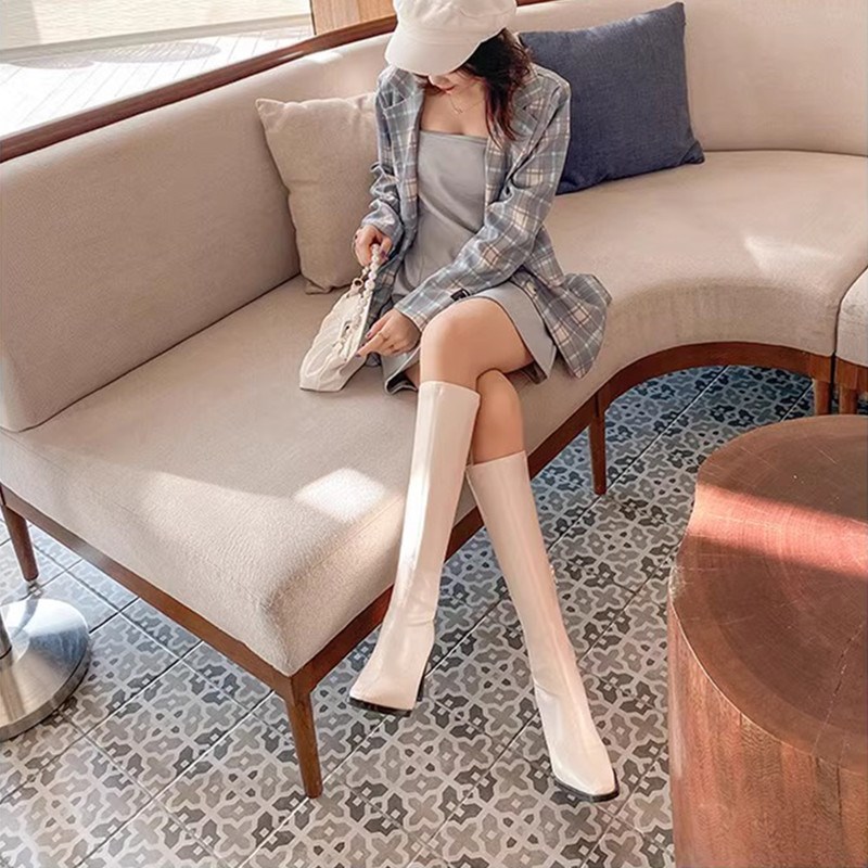 不过膝黑色长筒靴女2024年新款冬款加绒显瘦厚底骑士X靴高筒粗跟