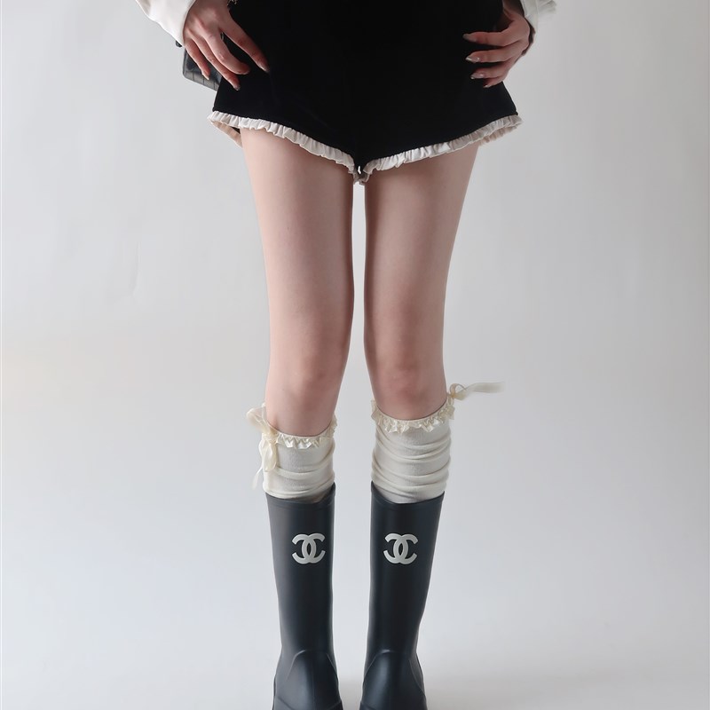 陆甜茶 白色蕾丝花边袜子女冬季黑色过膝袜jk长筒可爱日系高筒靴