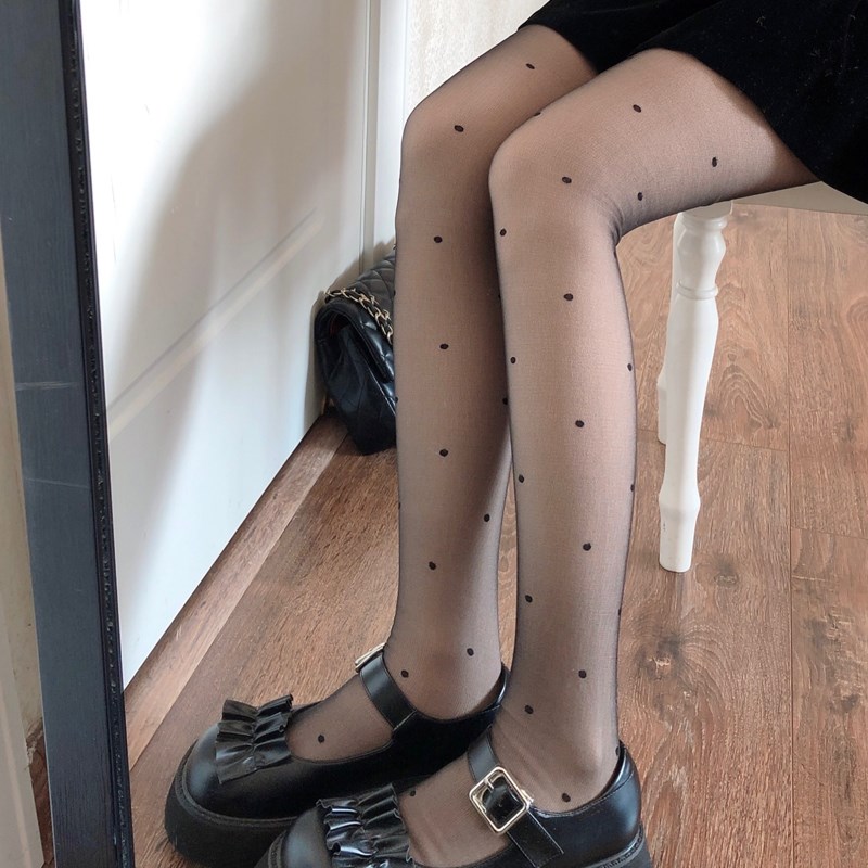 JK黑色波点丝袜女秋冬加绒加厚黑丝光腿神器假透肉打底裤袜连裤袜