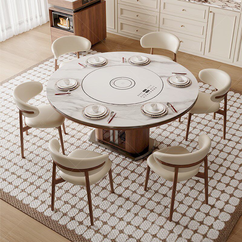 可分离式岛台餐桌一n体家用中古风可伸缩岩板实木圆桌智能暖菜转