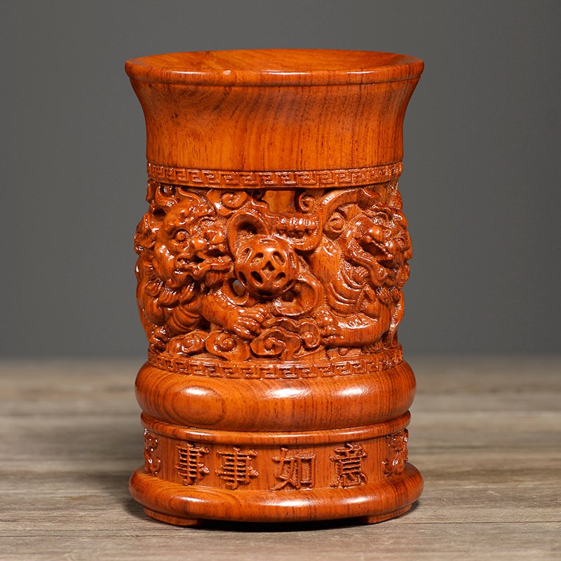 刺史花梨木雕事事如意笔筒摆件实木桌面办公室书房工艺品红木礼品