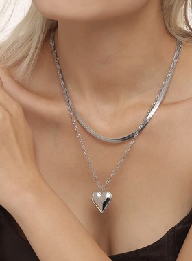 谜丽不锈钢水波纹刀片链条爱心双层锁骨项链女饰品镀18K金PVD保色