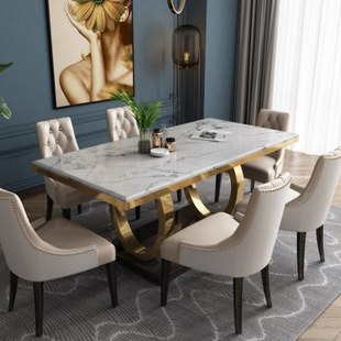 轻奢简易大理石面长方形餐桌椅子组合家用小户型网红ins客厅饭桌