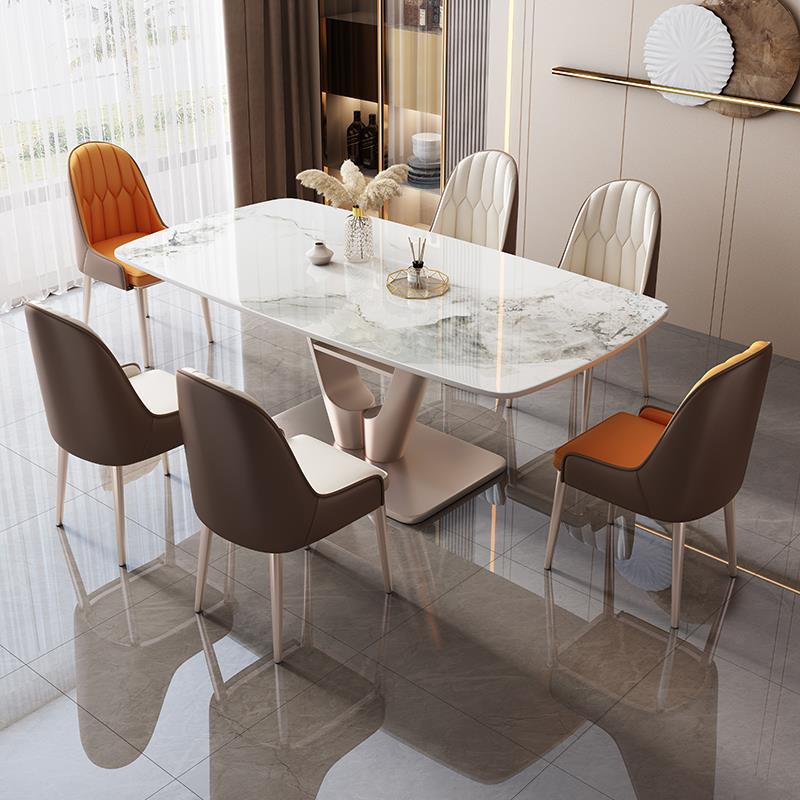 轻奢亮光岩板餐桌椅组合现代简约小户型客厅家用超晶石长方形饭桌