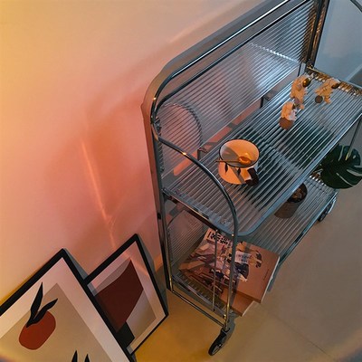 不锈钢长虹玻璃茶几客厅中古小推车 ins折叠餐车置物架边几可移动