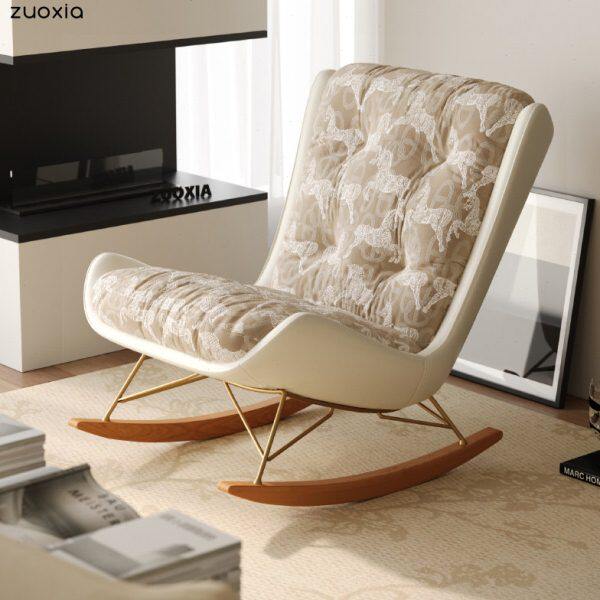 左下实木单人休闲椅客厅轻奢懒人摇摇椅家用阳台沙发椅复古躺椅