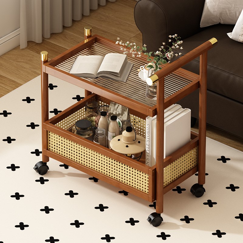 边几中古风小推车客厅可移动置物架带轮零食收纳架床头茶几小桌子