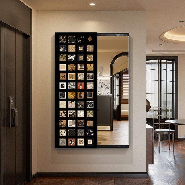 中古风玄关装饰画隐藏式推拉穿衣镜法式复古卧室可关闭全身镜挂画