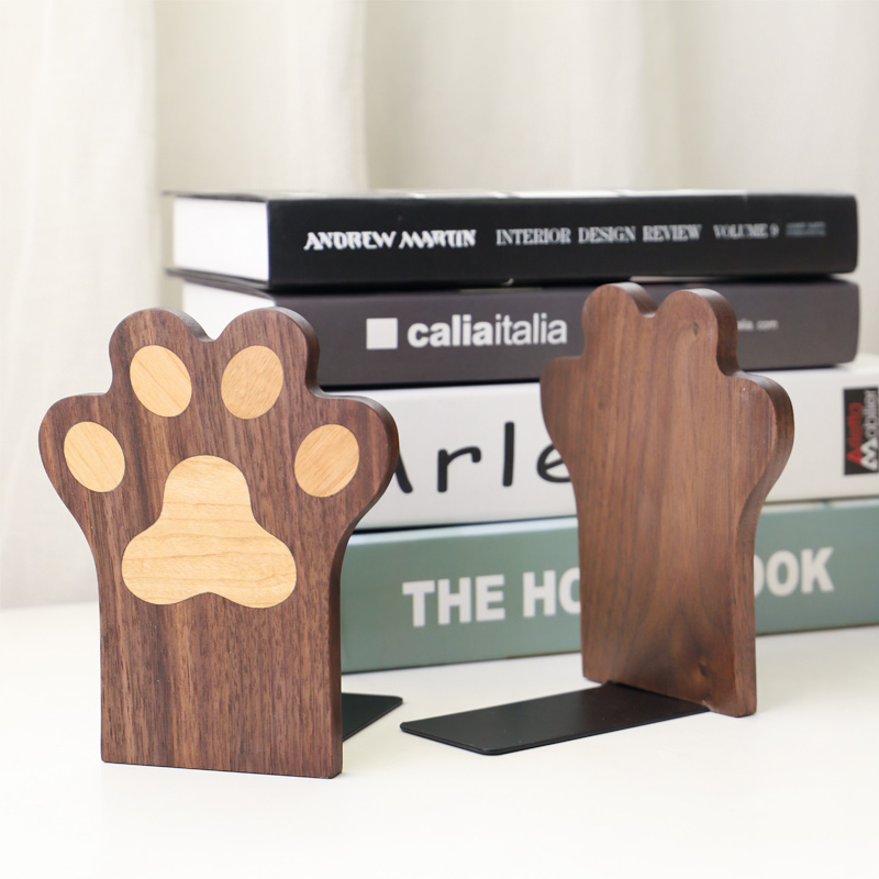 INS风实木猫爪书立 黑胡桃木书档创意书挡可爱书架书撑学生书夹书