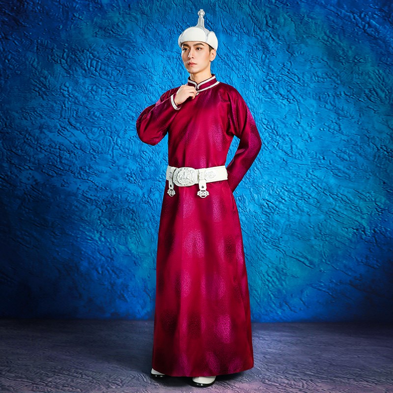 新款男士时尚拍照蒙古袍婚礼新郎伴郎父母敬酒舞蹈演出服玫粉色