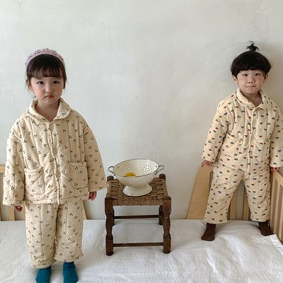 儿童睡衣冬季加厚款小孩女童纯棉宝宝加绒三层夹棉男童家居服套装