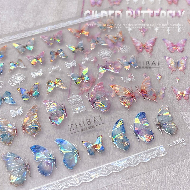 美甲浮雕蝴蝶贴纸2024新款tomoni立体蝴蝶结幻彩复古光疗指甲贴片