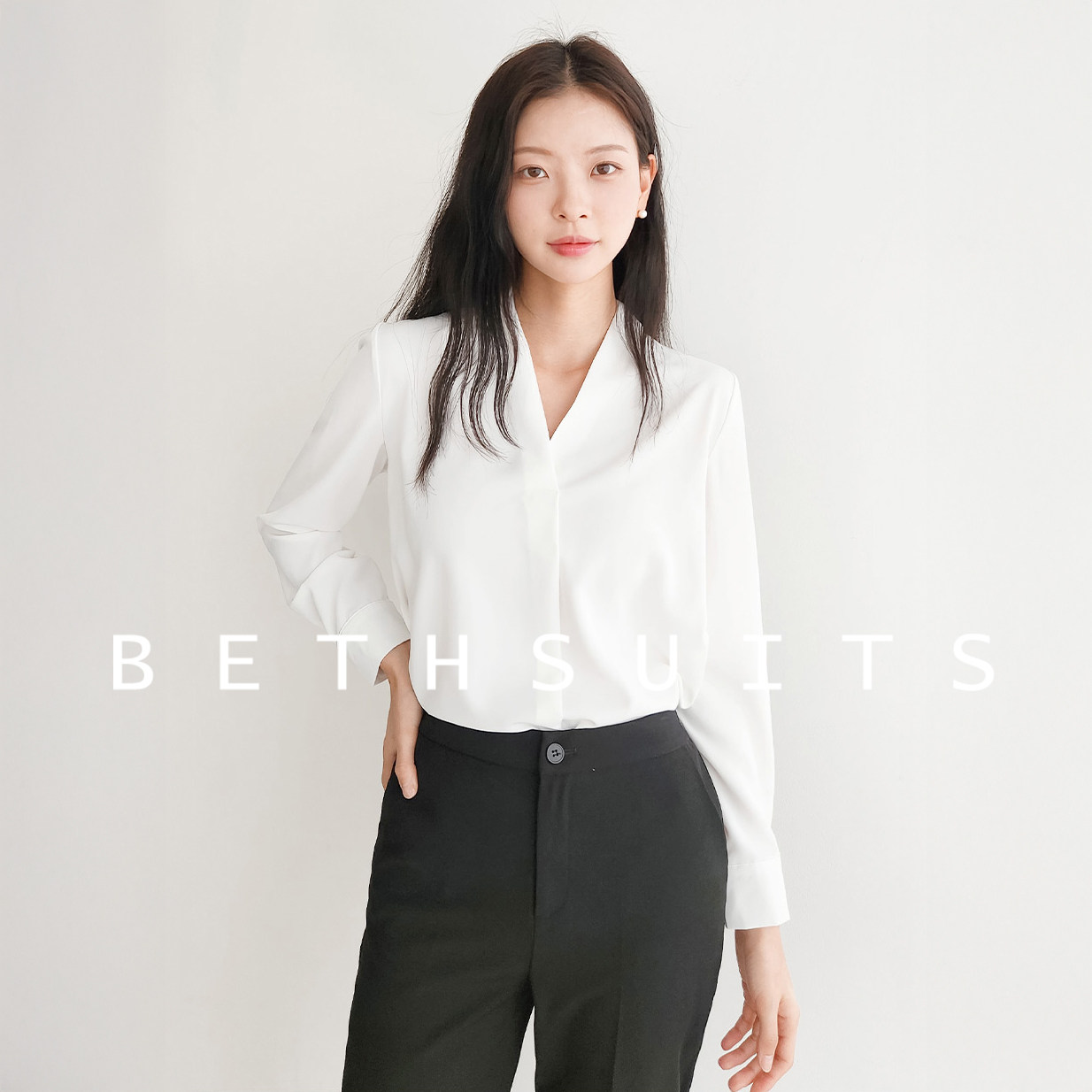 贝丝白色V领衬衫女教资面试衬衣