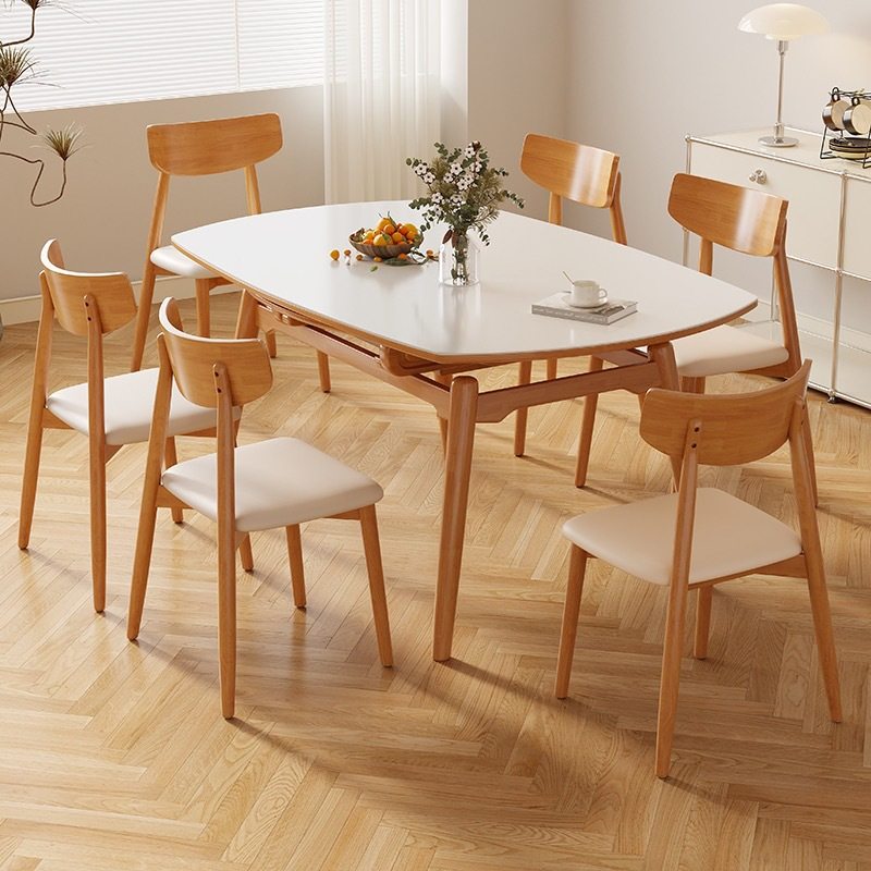 奶油风北欧实木伸缩餐桌北欧小户型家用岩板方圆两用日式原木饭桌