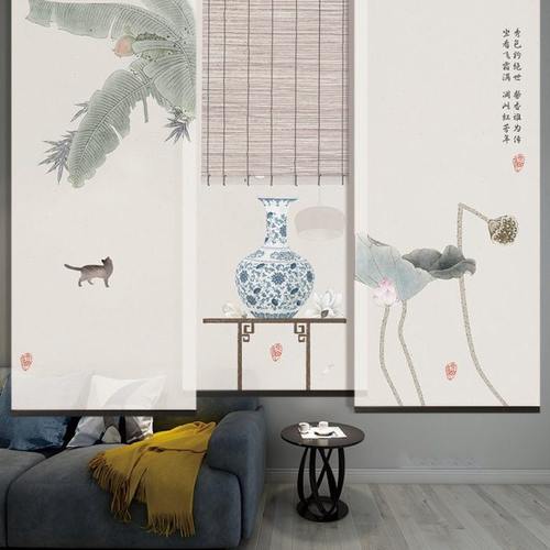 禅意屏风帘横移屏风半透明隔断卷帘纱幔软屏风软隔断挂帘心经荷花