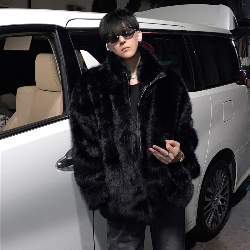 01H studios/美式黑色貂毛外套男冬季加厚棉服痞帅毛绒仿皮草大衣