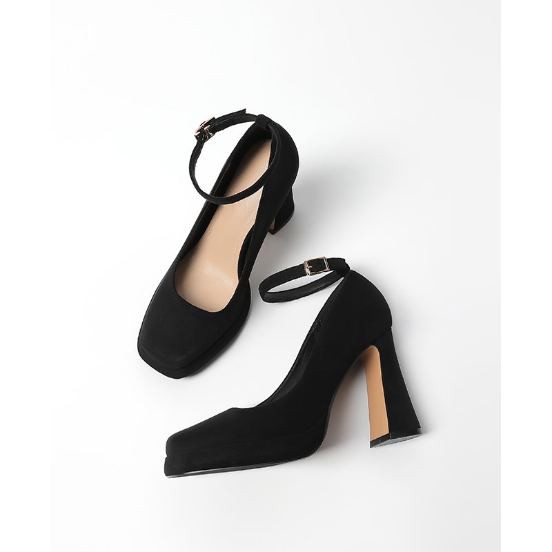 【跟高10CM】黑色高跟鞋2025新款绒面防水台厚底单鞋粗跟玛丽珍鞋