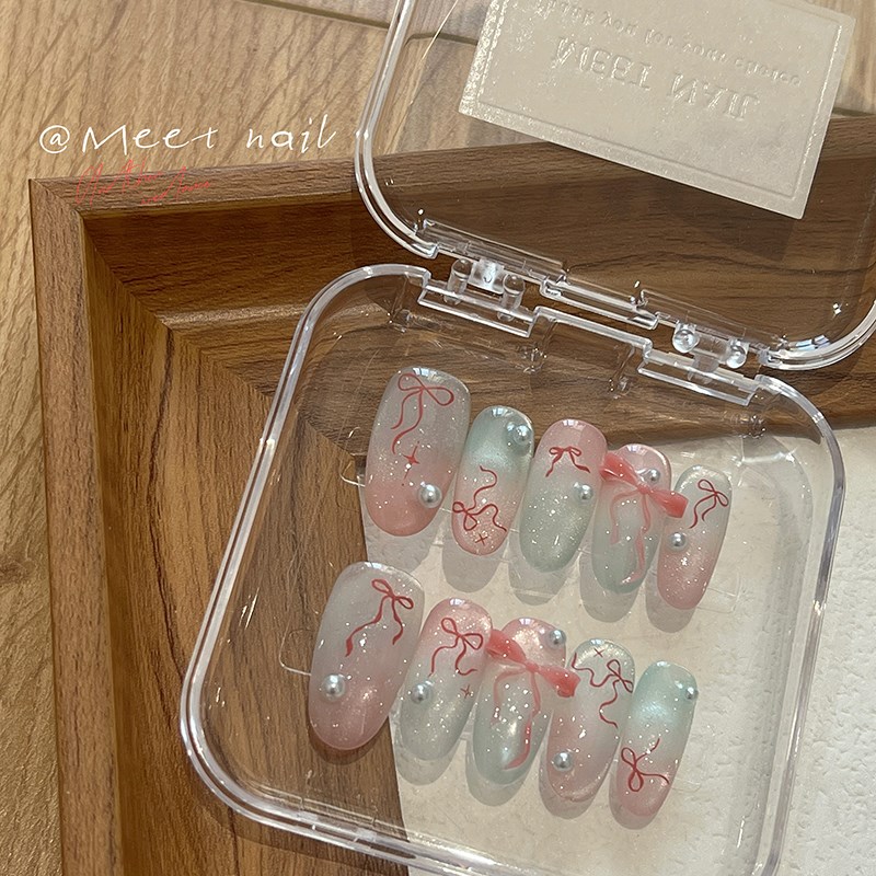 芭乐葡萄汽水春夏猫眼蝴蝶结粉蓝珍珠钢板甜美可爱少女手工穿戴甲