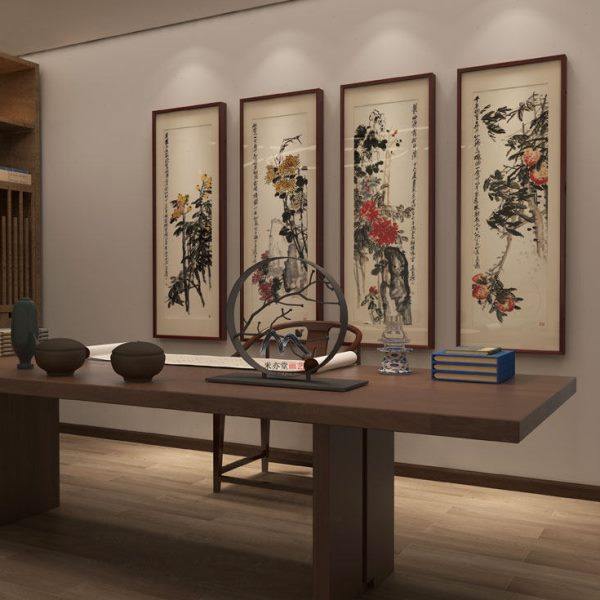 米亦堂x吴昌硕 新中式花鸟四条屏菊花国画客厅餐厅书房玄关挂画竖