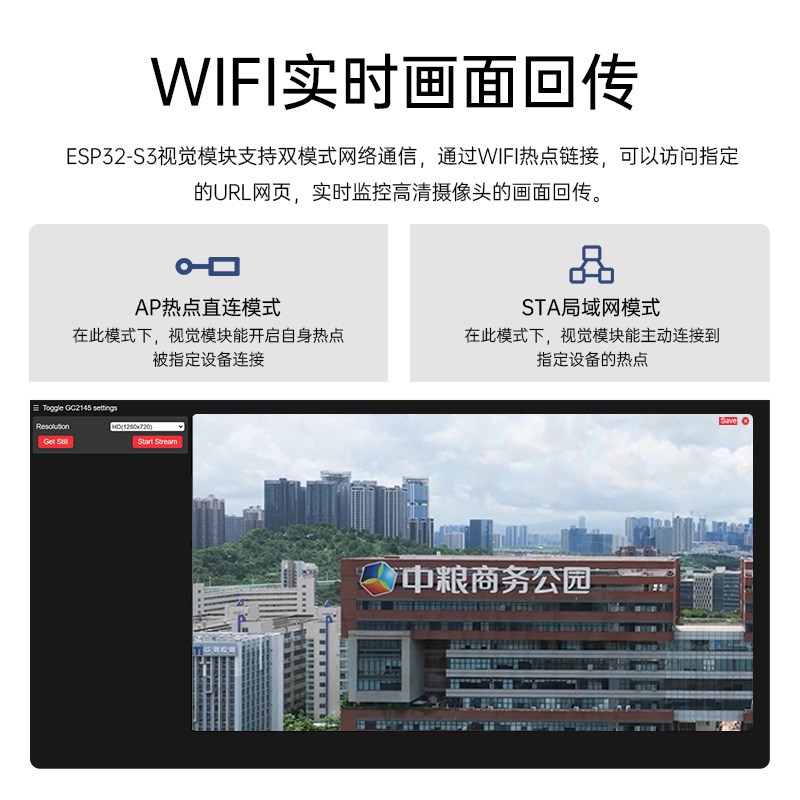 wifi摄像头模块 ESP32-S3画面图传ROS机器人小车Ai视觉识别传感器