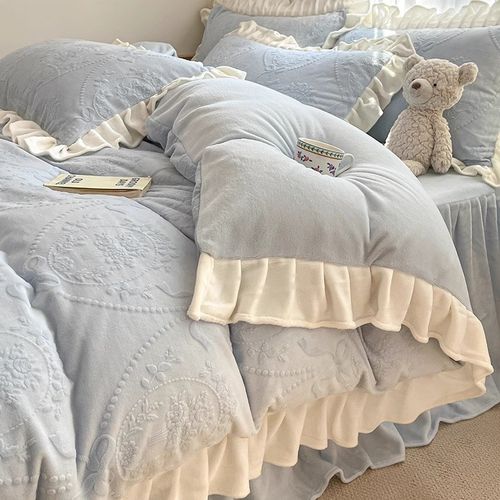 公主风花边牛奶绒床上四件套冬季加厚立体雕花珊瑚法兰绒被套床单