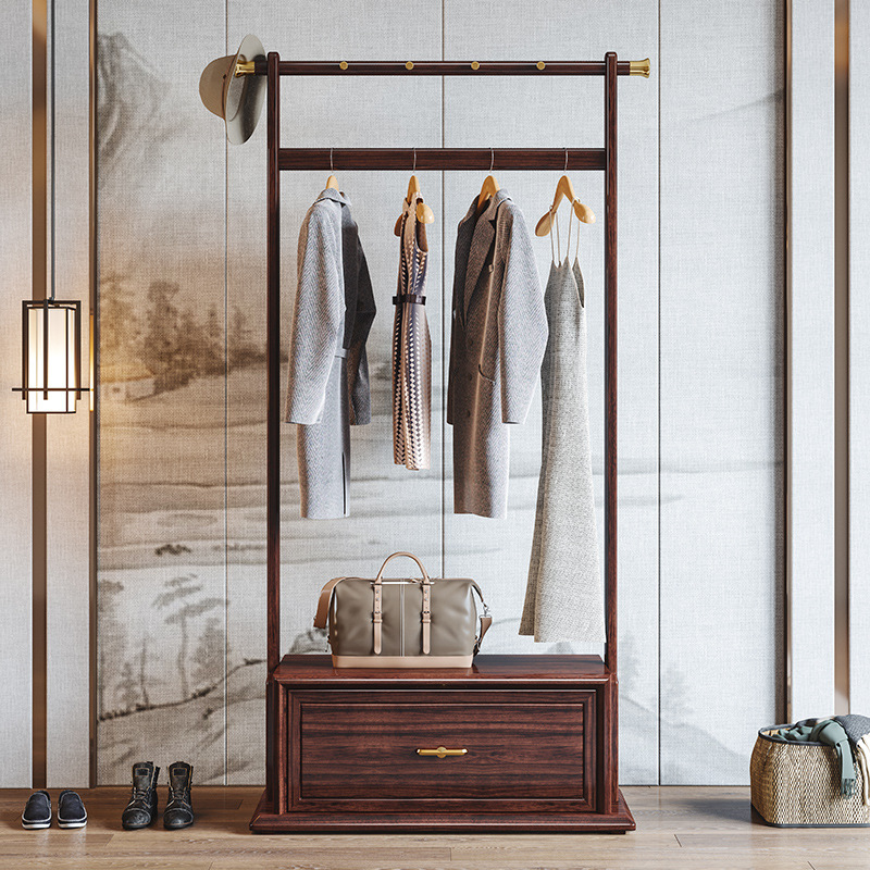新中式乌金木衣帽架家用落地式挂衣杆带抽屉可储物现代简约家具