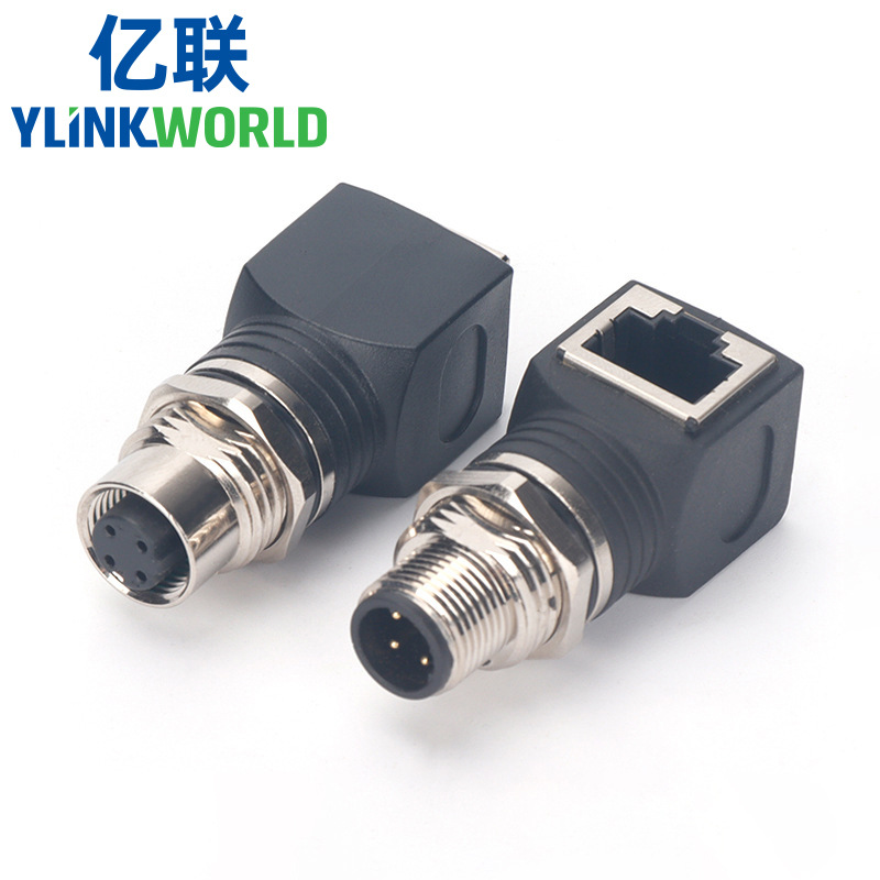 M12公头母头4芯D型转RJ45母头适配器转接头连接器IP67防水螺纹锁