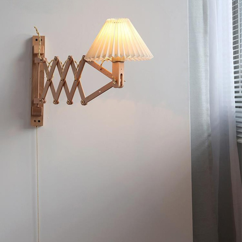原木实木壁灯日式诧寂风卧室床头灯北欧书房复古民宿伸缩餐厅壁灯