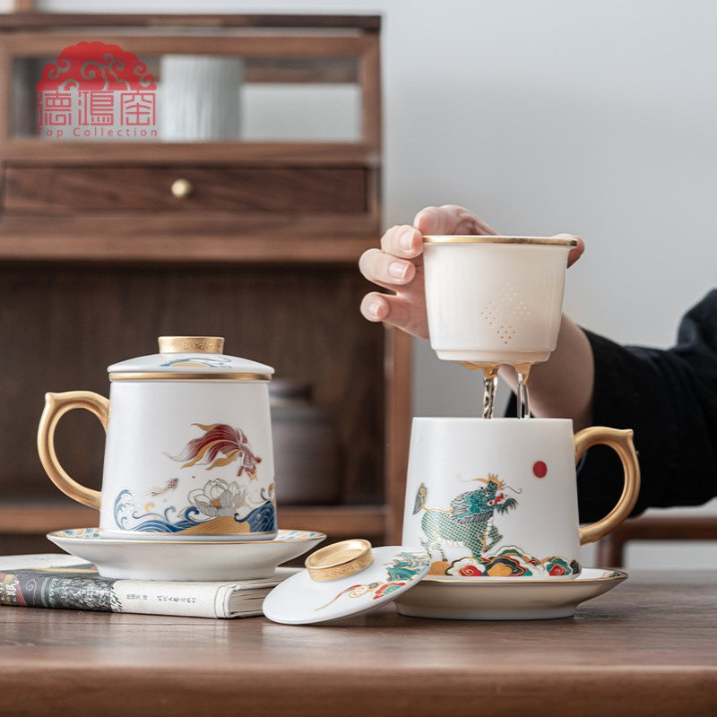 德鸿窑 羊脂玉白瓷麒麟办公杯带盖茶水分离泡茶杯德化陶瓷马克杯