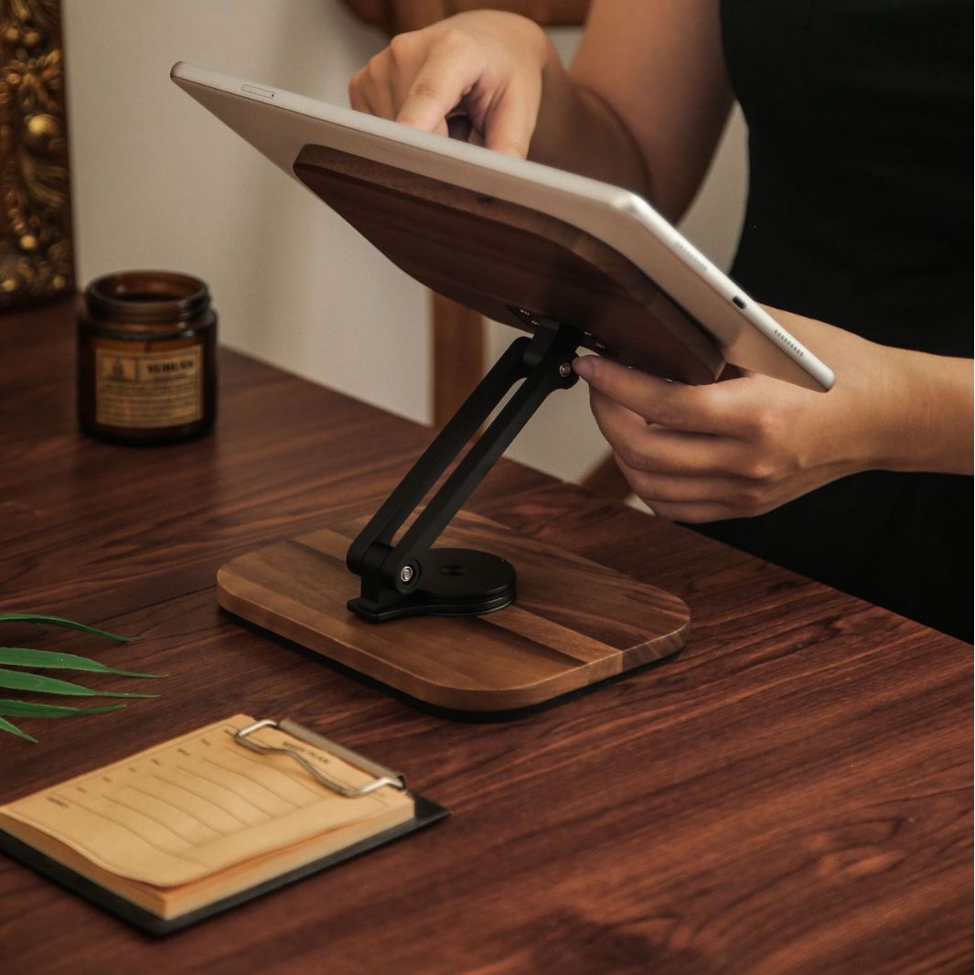 手机平板黑胡桃木便携式旋转阅读支架单臂升降调节折叠可折叠