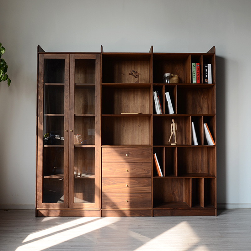 源头工厂北欧日式原木书柜现代简约北美实木黑胡桃木书架时尚书柜