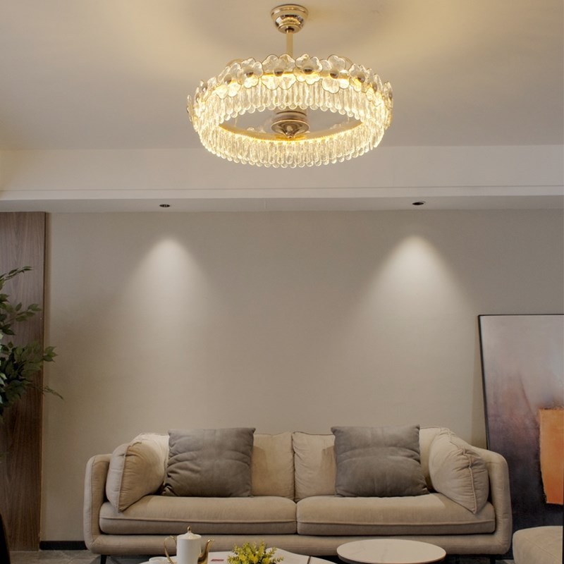 新款花朵造型水晶风扇灯客厅餐厅卧室全铜变频电机智能语音遥控器