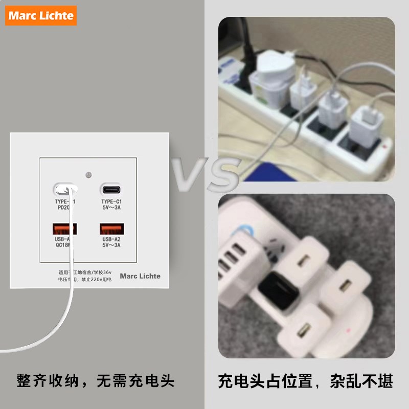 快充双USB+TYPE-C充电插座86面板PD快充20W工地学校宿舍低压36V伏
