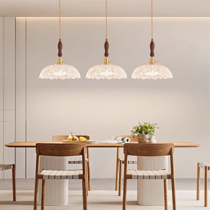 网红法式花朵玻璃吊灯日式复古胡C桃木三头餐厅吧台灯民宿床头灯