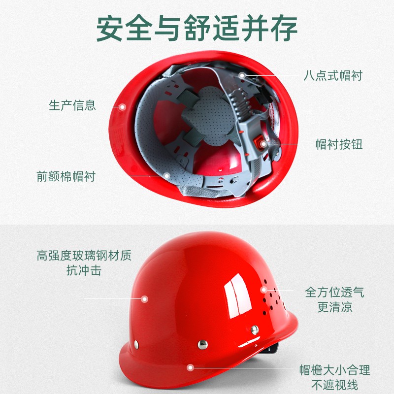 玻璃钢安全帽工地施工加厚透气建筑工程防砸头盔领导W监理定制头