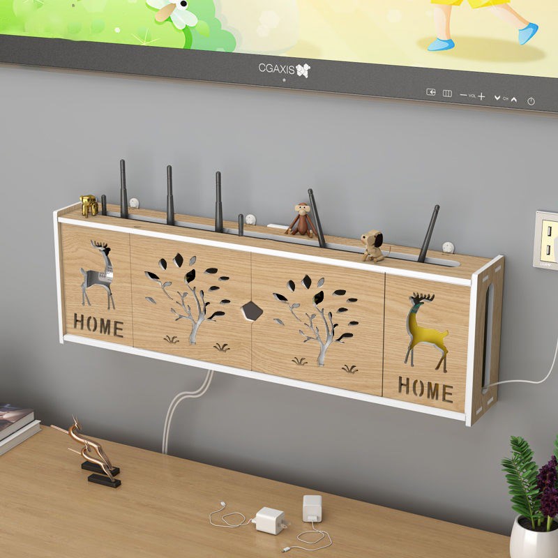 路由器收纳盒墙上wifi电视机顶盒置物架免打孔壁挂式插排插座遮挡