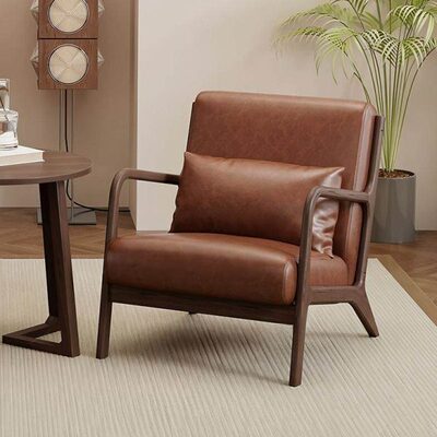 简约实木单人沙发椅防污耐磨皮办公会客接待咖啡休闲茶几组合桌椅