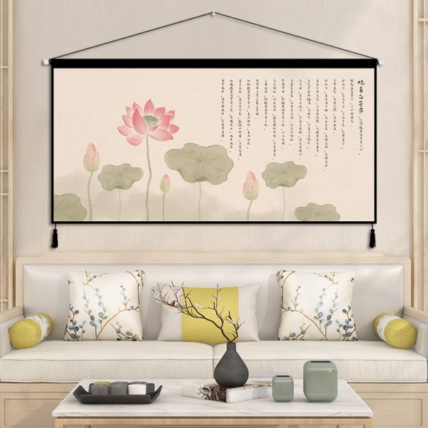 中式禅意荷花挂布背景布客厅卧室布艺挂画挂墙布背景墙挂毯装饰画图片