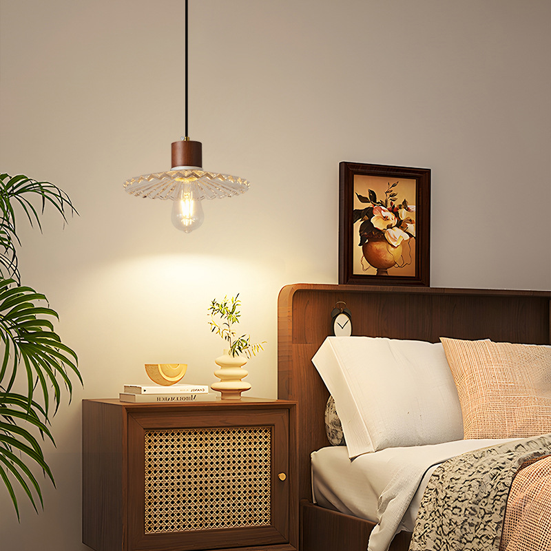 【严选】中古风小吊灯胡桃实木床头灯美式复古玻璃吧台玄关灯具