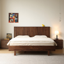 北美黑胡桃木实木双人床北欧樱桃木原木卧室悬浮法式复古双人大床