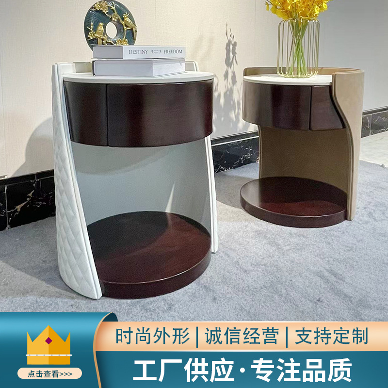 意式床头柜胡桃木色圆创意新中式床柜圆形床边几实木材质柜子