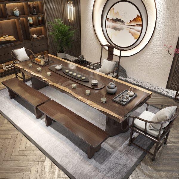 新中式实木茶桌 家用禅意客厅泡茶桌 公室大板自然边茶桌椅组合,商业/办公家具,茶台/茶桌,淘宝优惠券,粉丝福利购,淘宝优惠卷