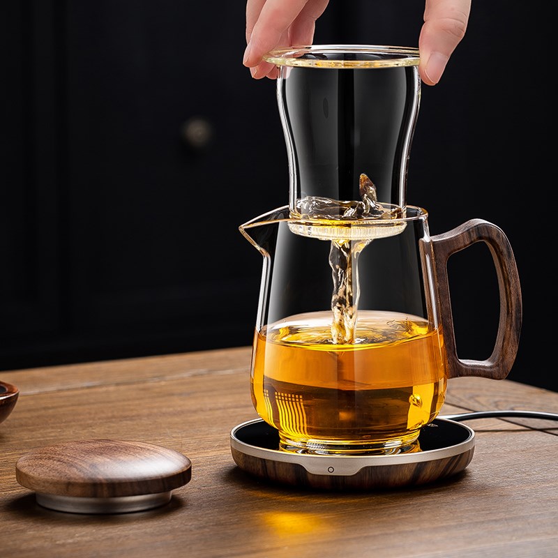 胡桃木侧把玻璃泡茶杯茶水分离过滤冲茶器功夫茶U具泡茶壶三件杯