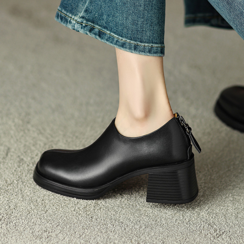 2024春季新款真皮粗跟擦色后拉链小皮H鞋女高跟圆头卡其色复古单