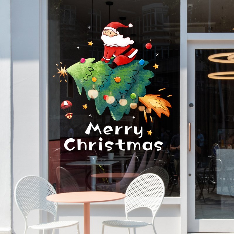 圣诞老人节日装饰品树静电玻璃z门贴纸橱窗户场景氛围布置店铺商