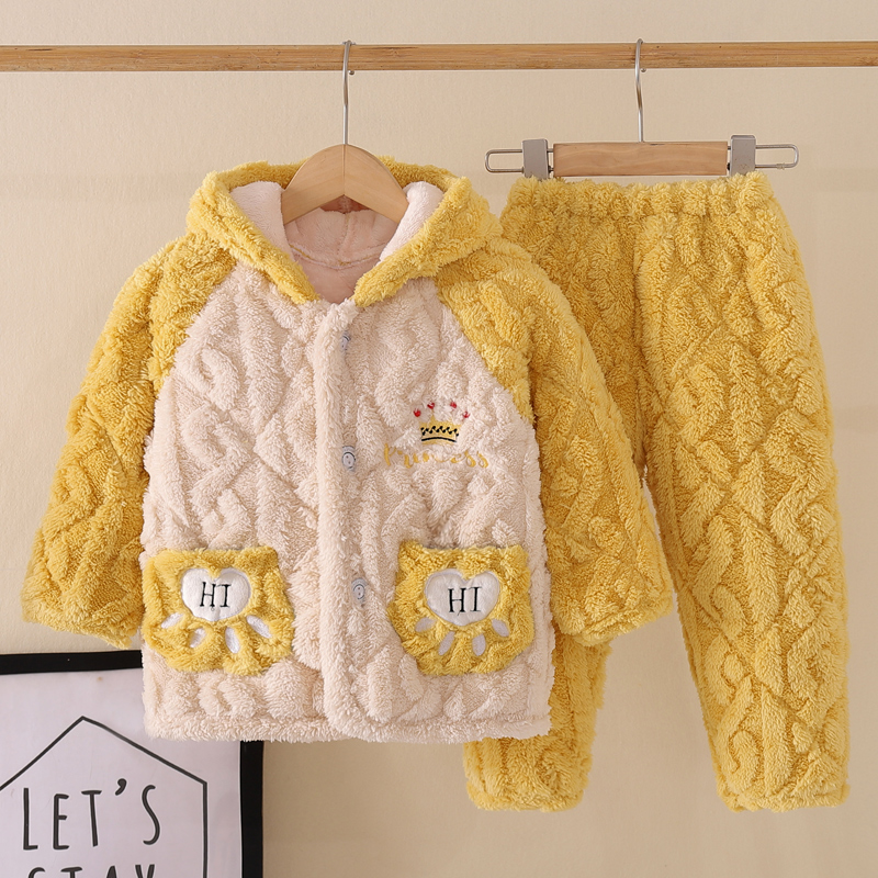 冬季儿童睡衣女童法兰绒毛绒加厚款冬天加绒珊瑚绒U三层夹棉家居